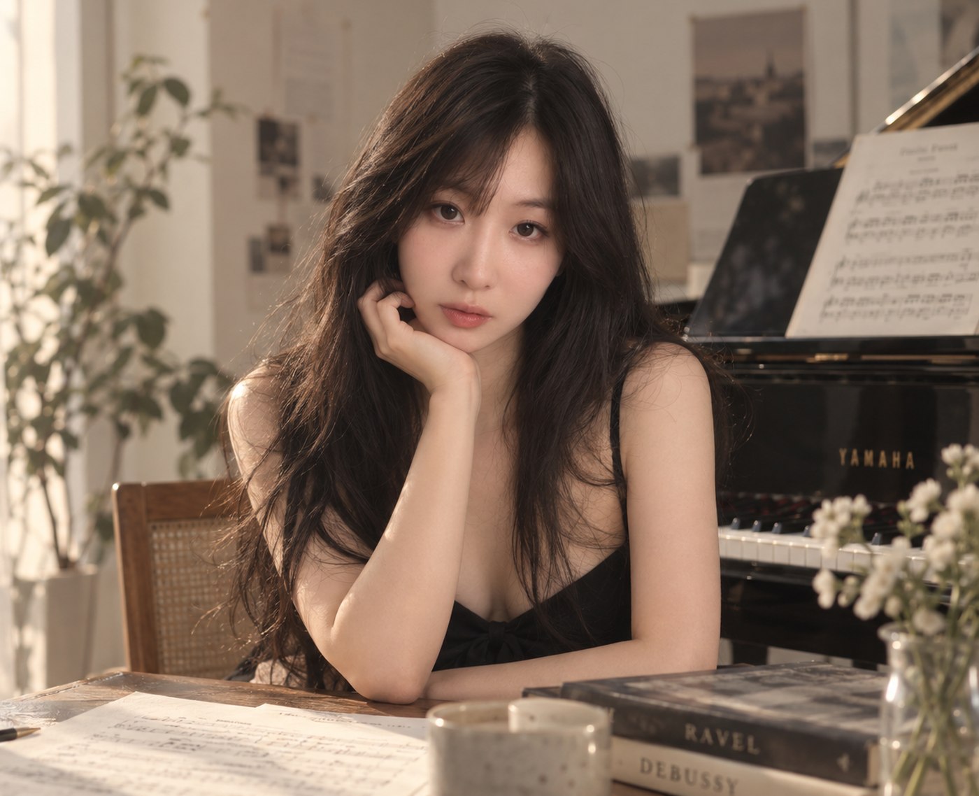 房思瑜托著下巴坐在鋼琴旁的書桌前 / Cecilia Fang at a desk beside the piano, chin in hand