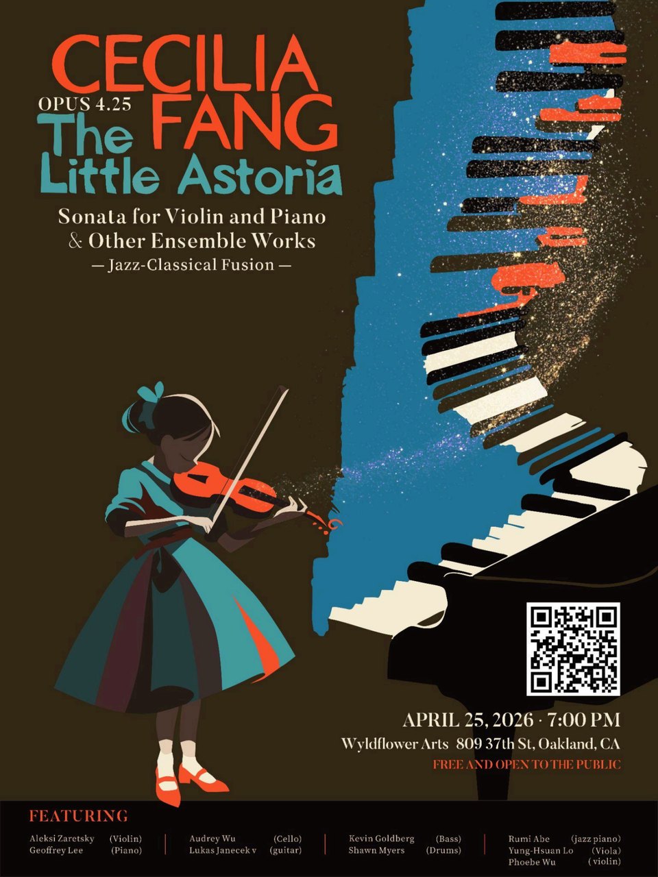 Opus 4.25 音樂會海報：拉小提琴的小女孩與化作星空的鋼琴鍵 / Opus 4.25 concert poster