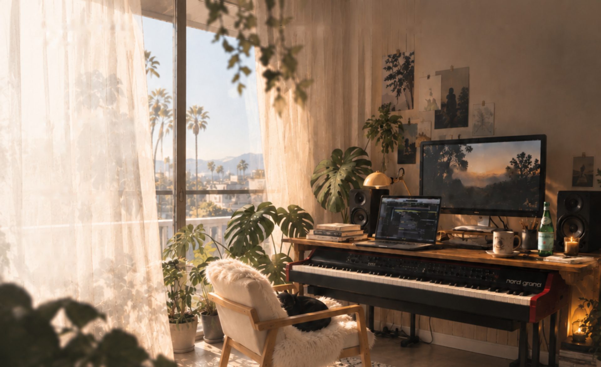 A sunlit studio in Los Angeles: sheer curtains, palm trees beyond the window, monstera, a keyboard desk with monitors, a black cat asleep on the armchair